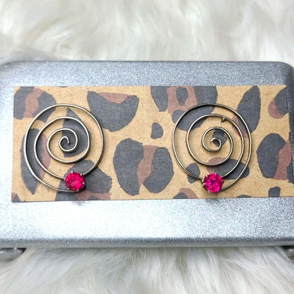 Stud Earrings Sterling Silver Spiral Shape Synthetic Ruby Handmade Eclectic Gift - Picture 2 of 6
